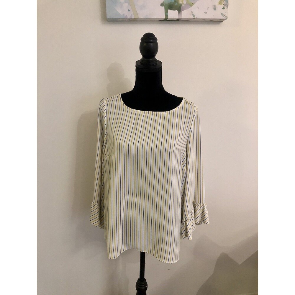 Carolina Belle Women's White Yellow Stripe Ruffle Sleeve Blouse Size M - Picture 2 of 8